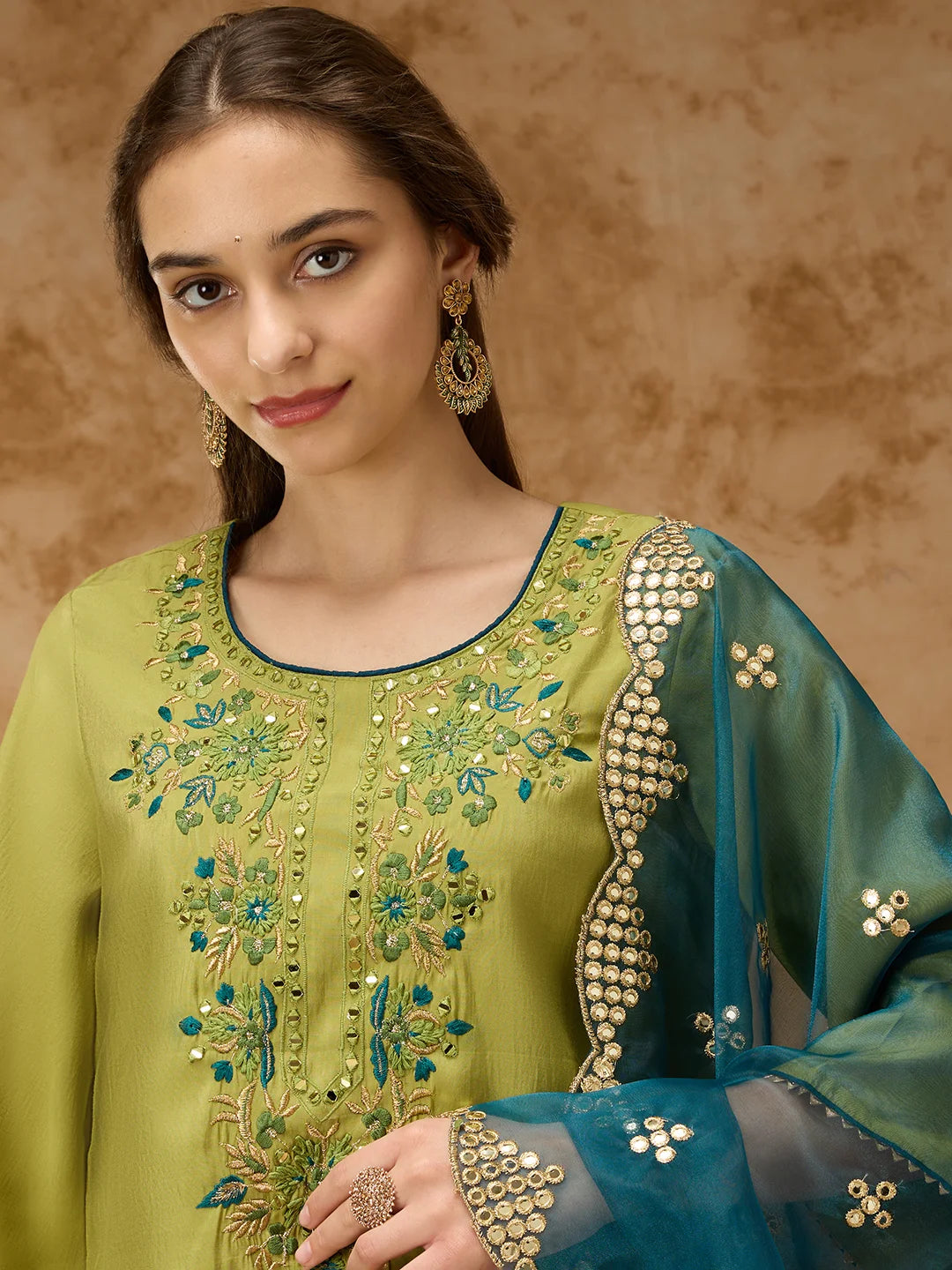 Round-Neck Embroidered Kurta Set with Pant and Dupatta - Lime