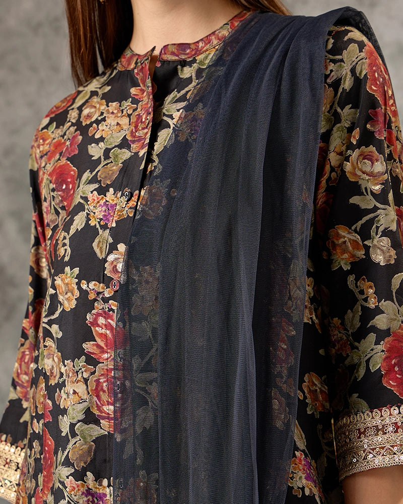 Zari Embroidered All over Printed Mandarin Neck Kurta Set with Pant and Dupatta - Black