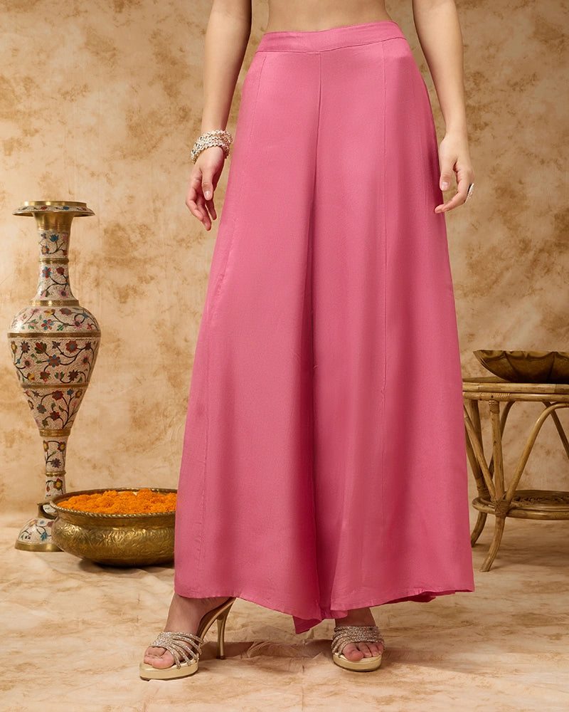 Round Neck Zari Embroidered Kurta Set with Wide Leg Pant and Dupatta - Pink