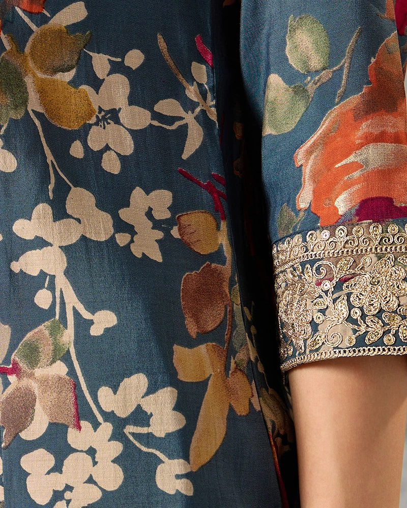 Zari Embroidered All over Printed Mandarin Neck Kurta Set with Pant and Dupatta - Blue