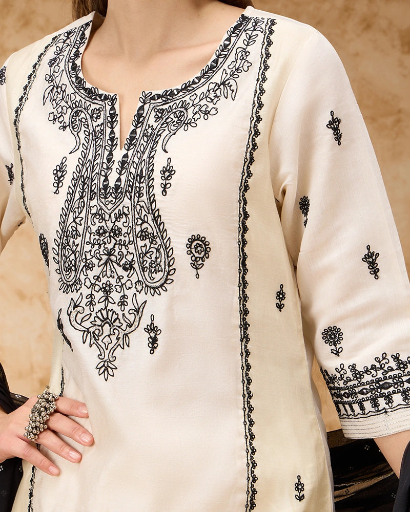 Round Neck A-line Embroidered Kurta Set with Pant & Dupatta - Off White