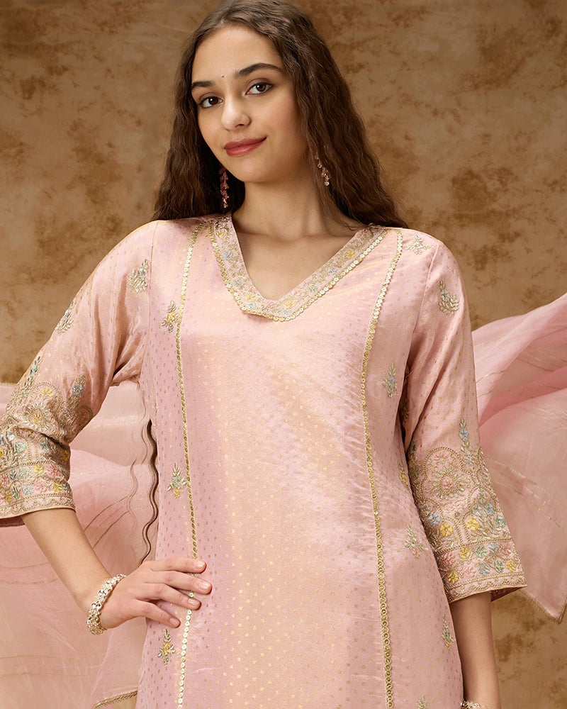 A-line Embroidered Kurta Set with Pant and Dupatta- Blush Pink