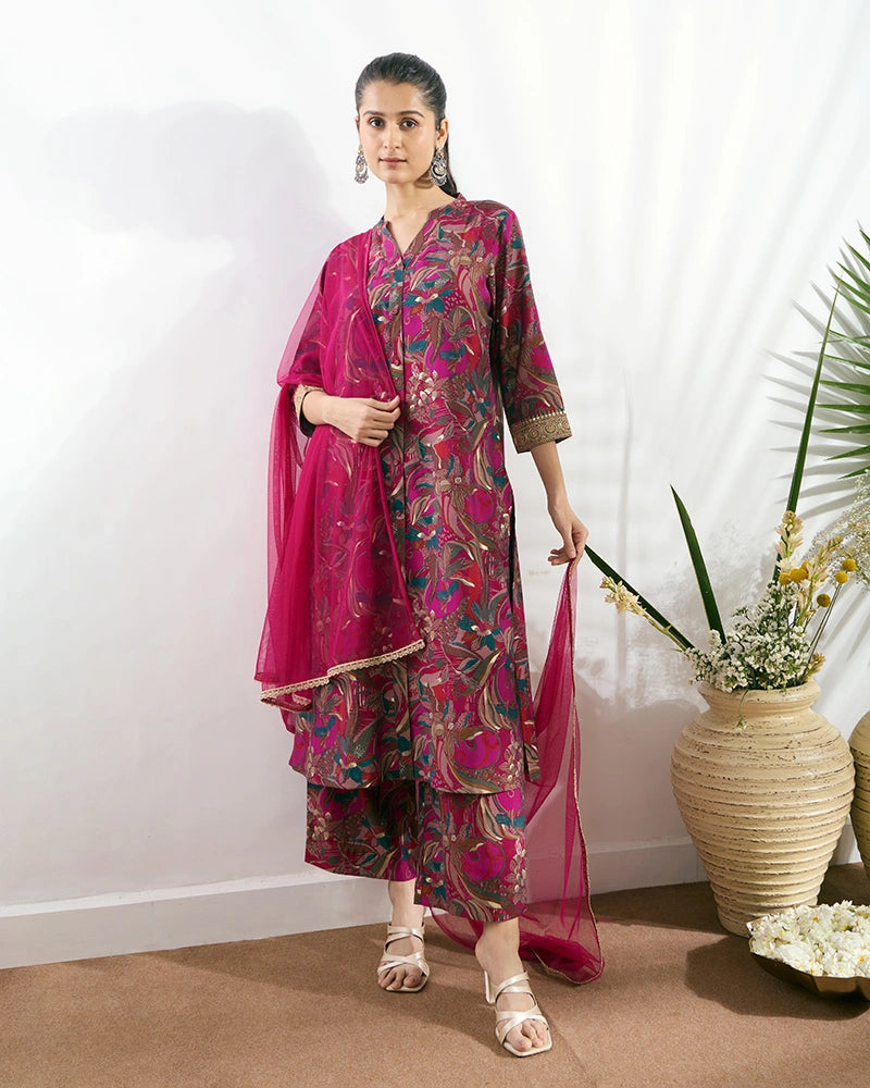 Blue Printed Button-Down Kurta Set with Dupatta for Women