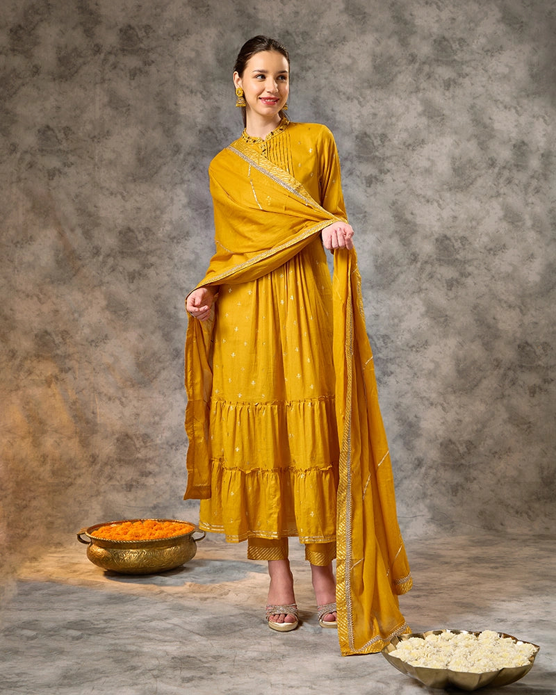 Foil Printed Kurta Set with Pant and Dupatta - Mustard