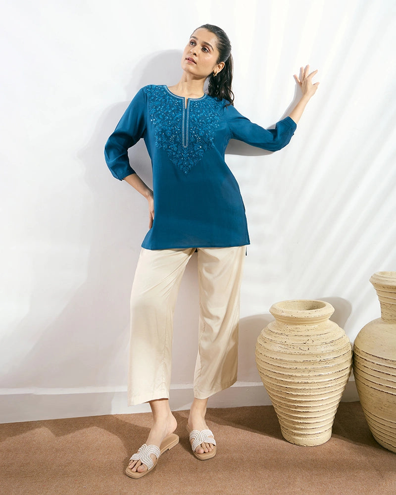 Blue Yoke Embroidered Hi-Low Top for Women