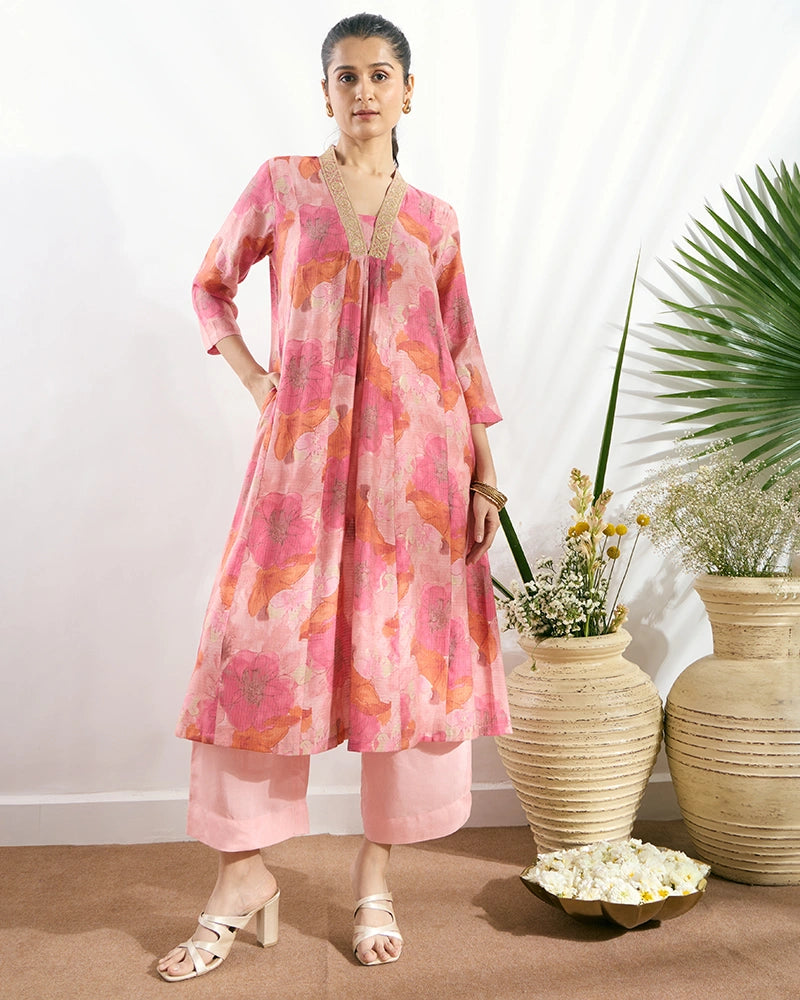 Pink V-Neck Zari Embroidered Kurta Set for Women