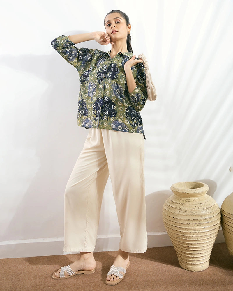 Green Modal Printed Boxy Fit Shirt for Women