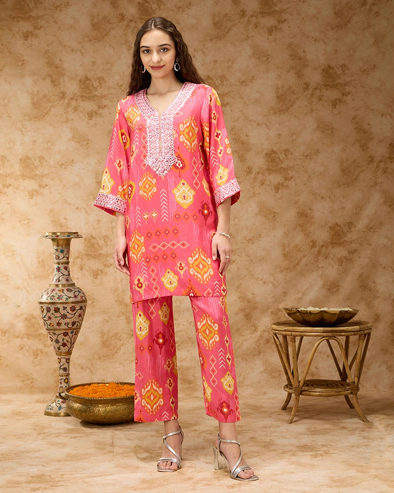 Ikkat Printed Co-ord Set with Mirror Embroidered Yoke