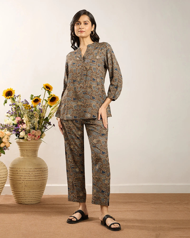 Blue Printed Y-Placket Co-ord Set for Women
