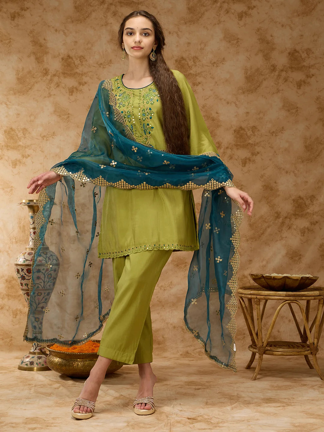 Round-Neck Embroidered Kurta Set with Pant and Dupatta - Lime