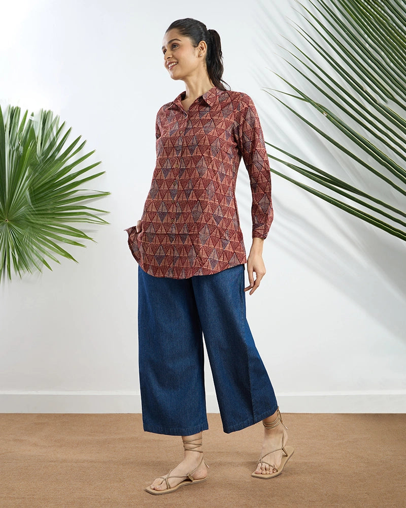Red Viscose Printed Regular Fit Shirt for Women