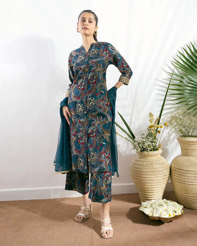 Blue Printed Button-Down Kurta Set with Dupatta for Women