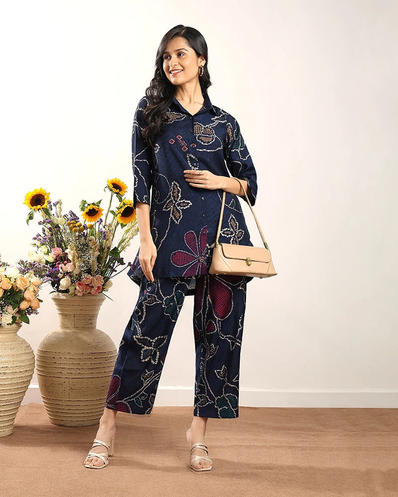 Blue Printed A-Line Co-ord Set for Women