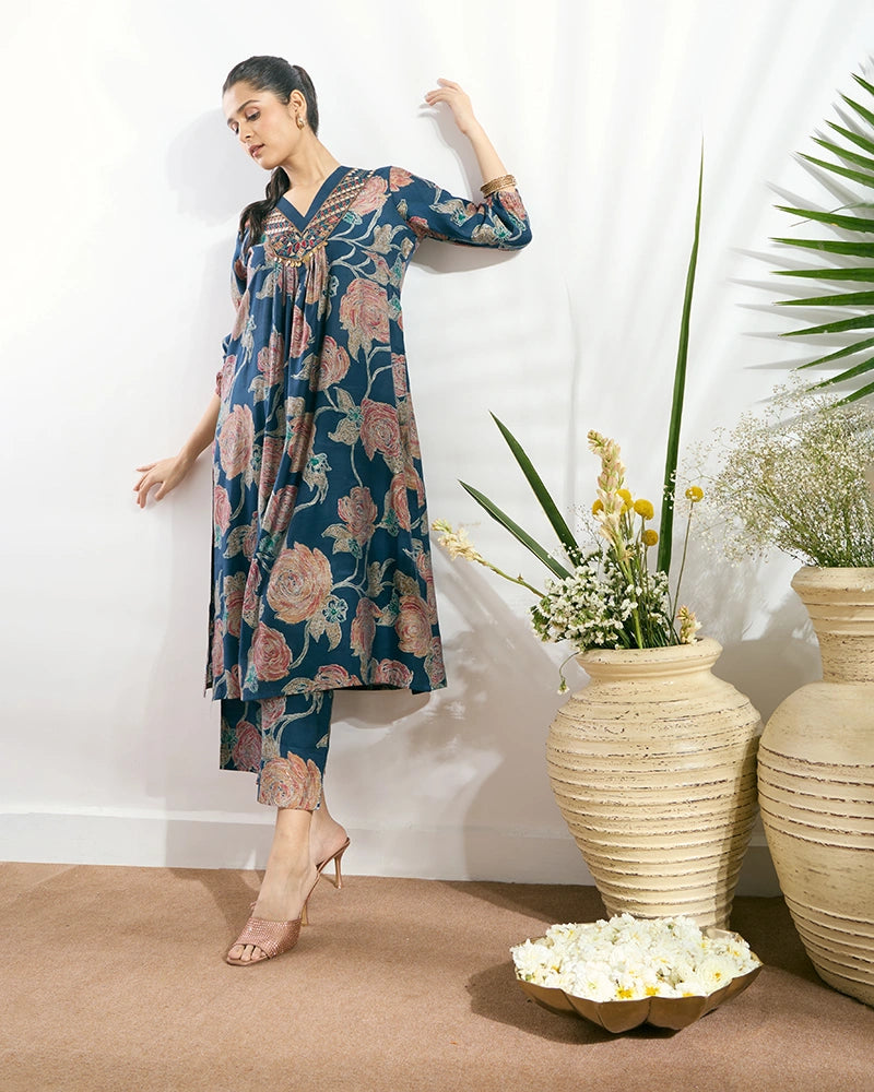 Navy Blue Printed V-Neck Kurta Set with Embroidered Neckline for Women