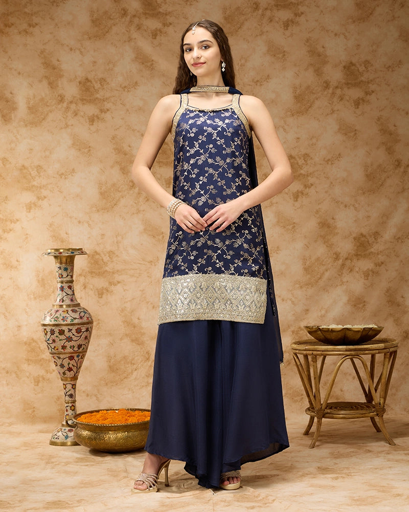Sleeveless Brocade Kurta Set with Wide Leg Pant and Dupatta - Navy
