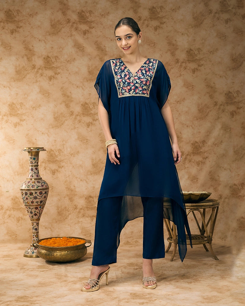 Embroidered yoke kaftan set - Navy