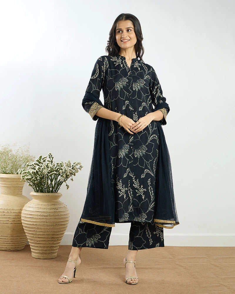 Navy Blue Printed Button-Down Kurta Set with Dupatta for Women
