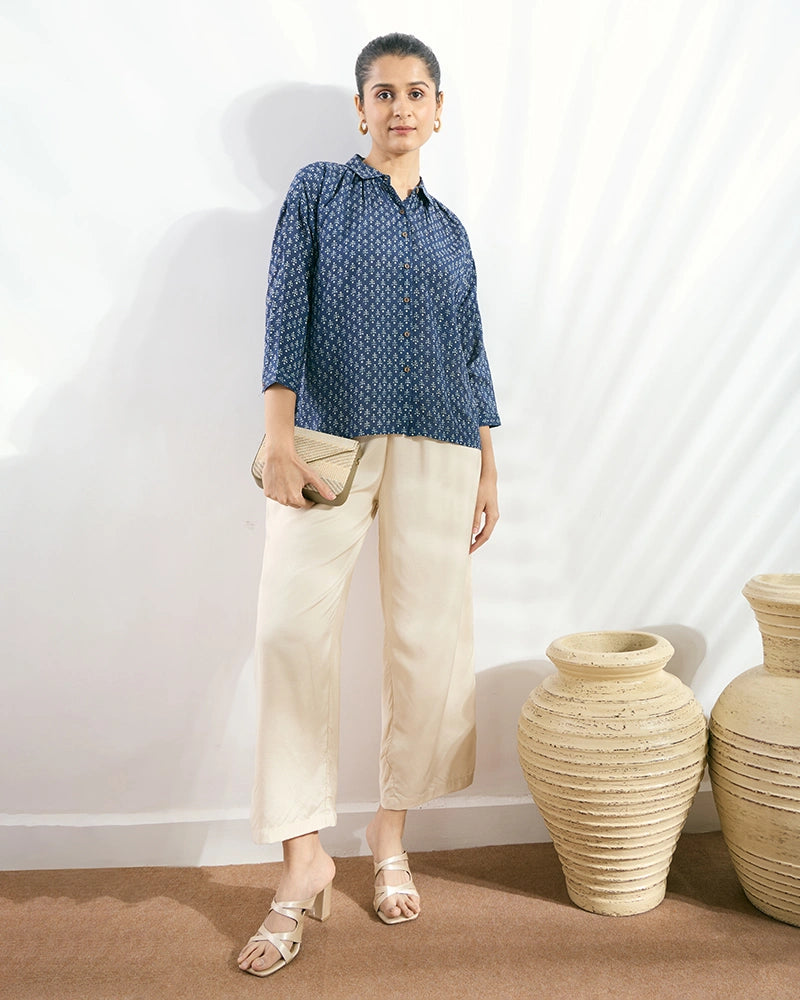 Navy Blue Viscose Printed Boxy Fit Shirt for Women