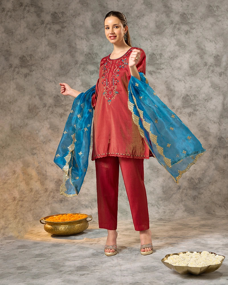 Round Neck Kurta Set - Fushcia