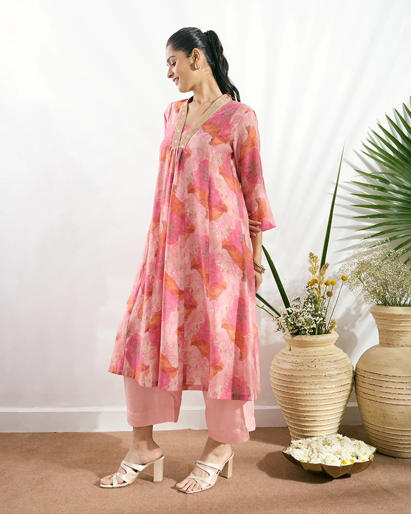 Pink V-Neck Zari Embroidered Kurta Set for Women