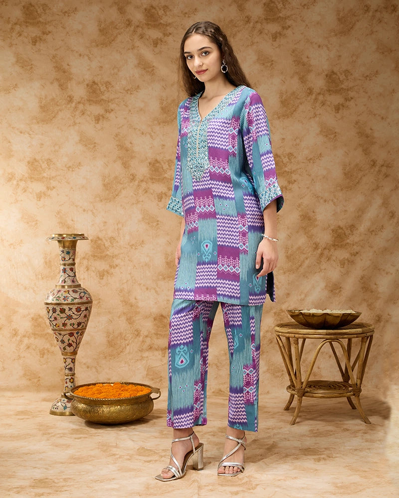 Ikkat Printed Co-ord Set with Mirror Embroidered Yoke