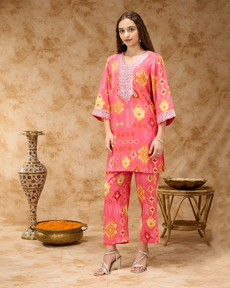 Ikkat Printed Co-ord Set with Mirror Embroidered Yoke