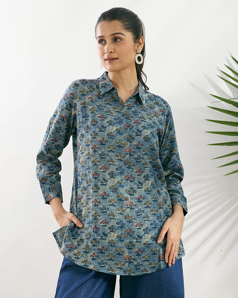 Blue Viscose Printed Regular Fit Shirt for Women