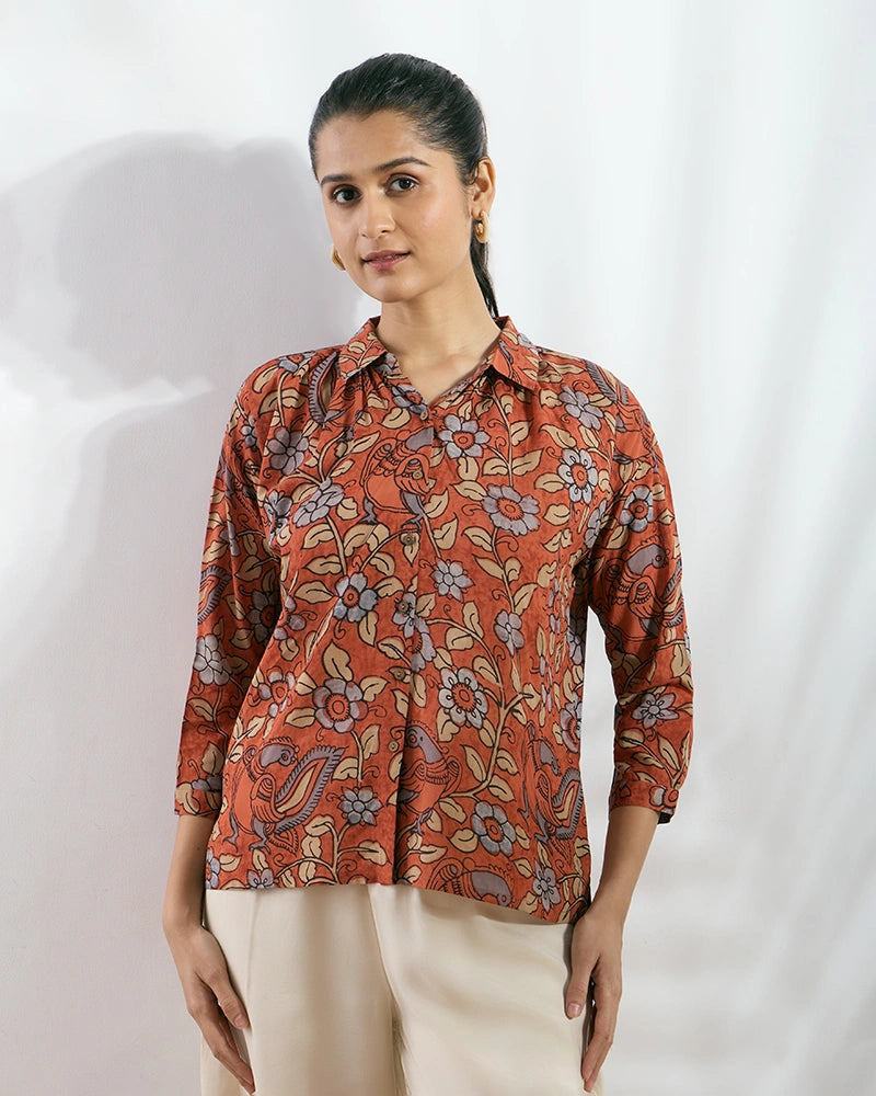 Rust Modal Printed Boxy Fit Shirt for Women