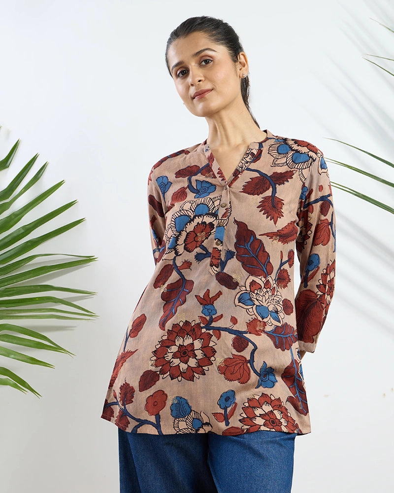 Beige Printed Viscose Tunic for Women