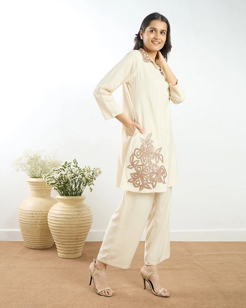 Off-White Placement Embroidered A-Line Co-ord Set for Women