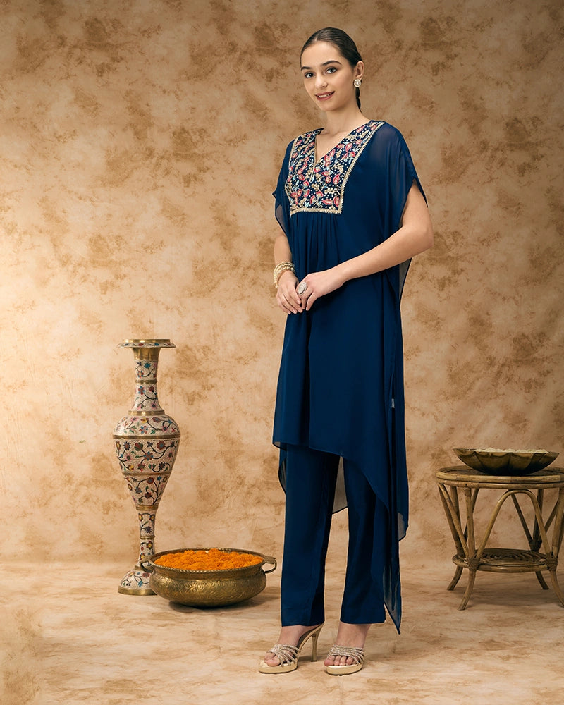 Embroidered yoke kaftan set - Navy