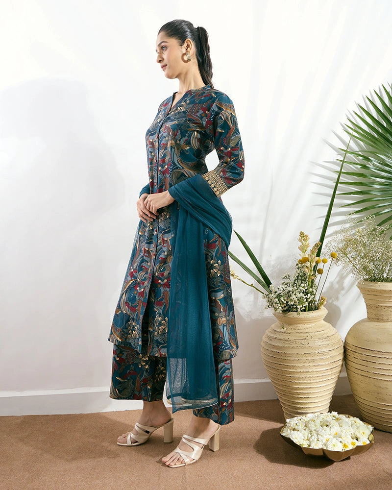 Blue Printed Button-Down Kurta Set with Dupatta for Women