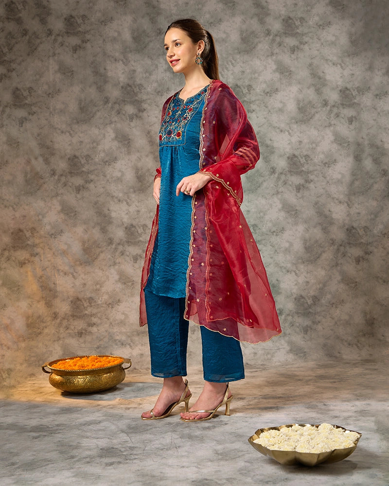 Embroidered Kurta Set with Pant and Dupatta - Mid Blue