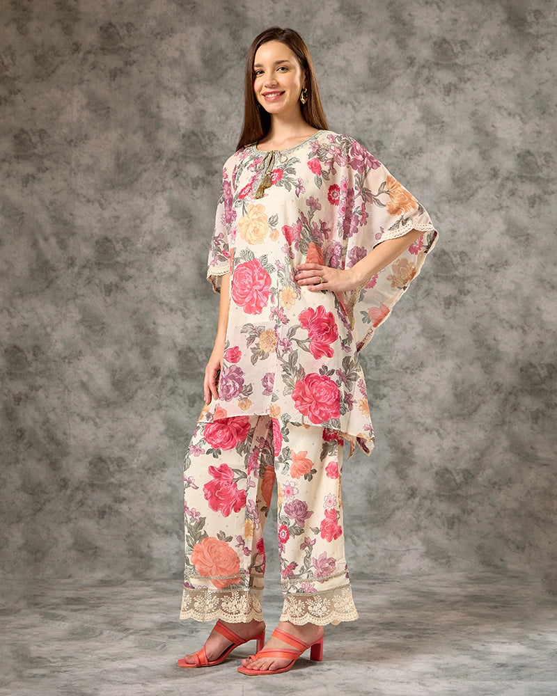Off White All Over Printed Tie Up Neck Co-Ord Set for Women