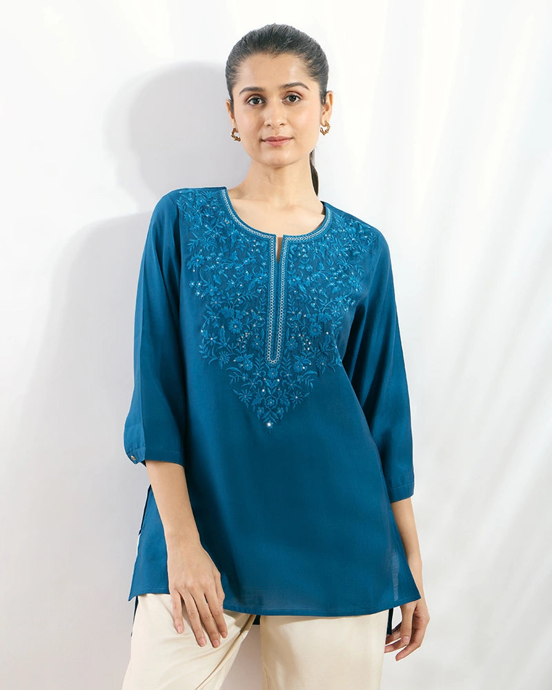 Blue Yoke Embroidered Hi-Low Top for Women