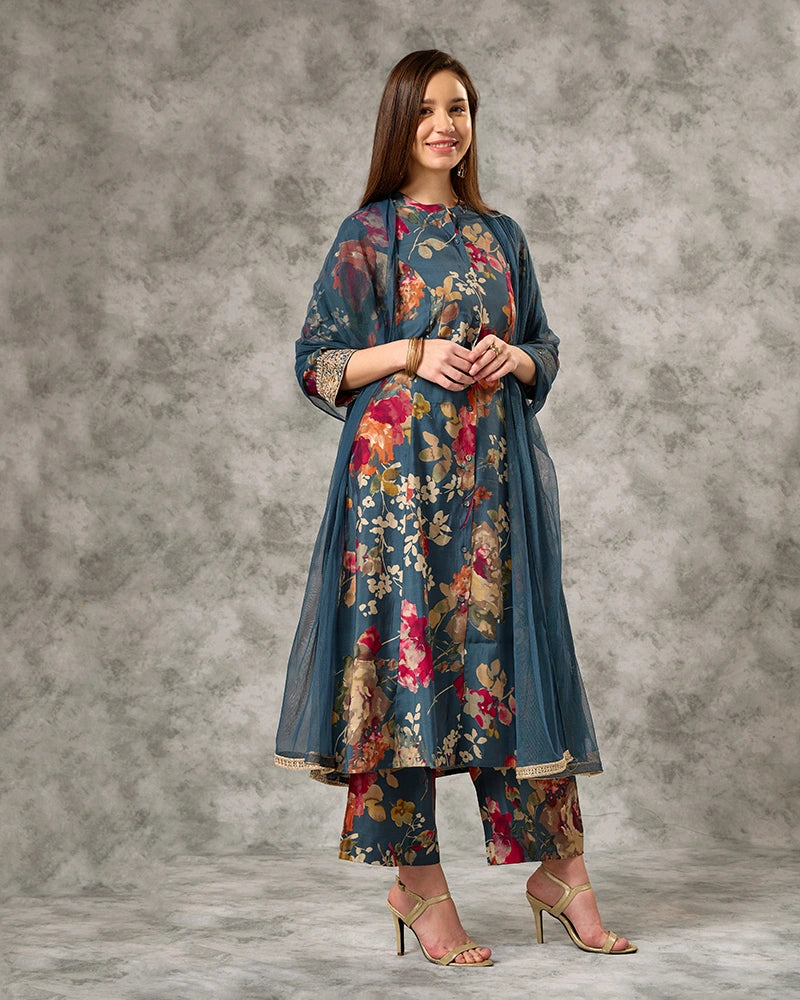 Zari Embroidered All over Printed Mandarin Neck Kurta Set with Pant and Dupatta - Blue