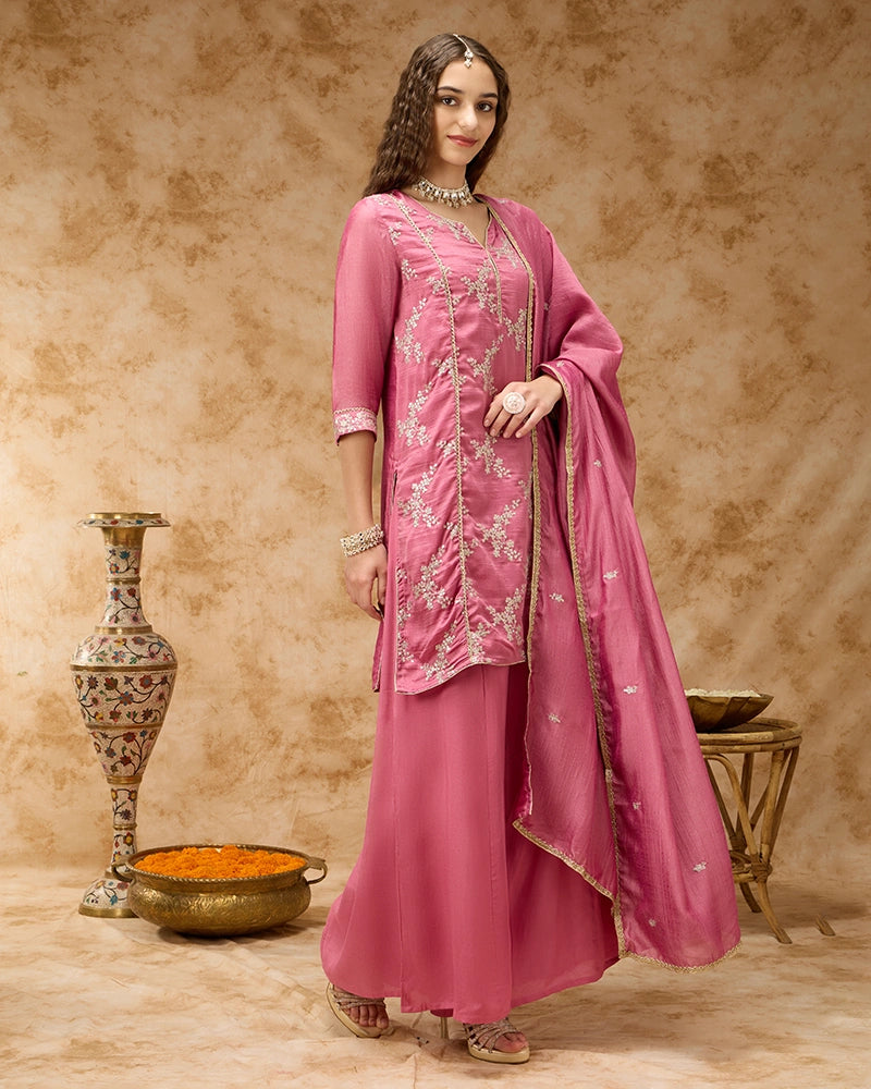 Round Neck Zari Embroidered Kurta Set with Wide Leg Pant and Dupatta - Pink