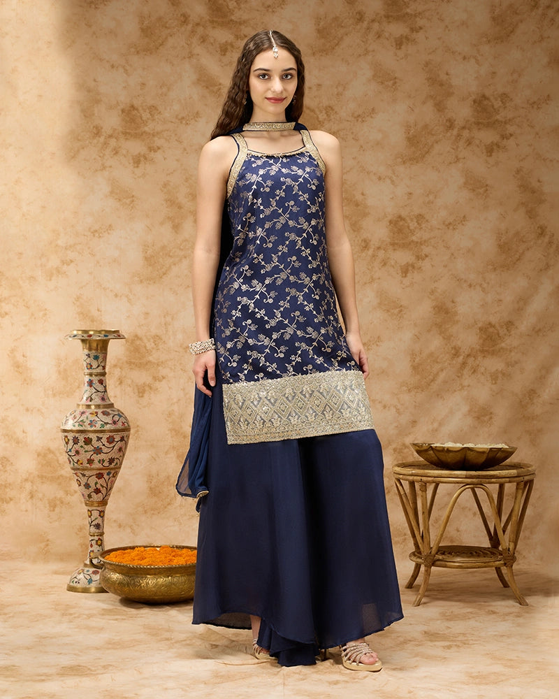 Sleeveless Brocade Kurta Set with Wide Leg Pant and Dupatta - Navy