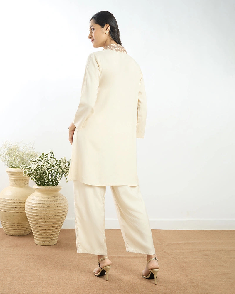 Off-White Placement Embroidered A-Line Co-ord Set for Women