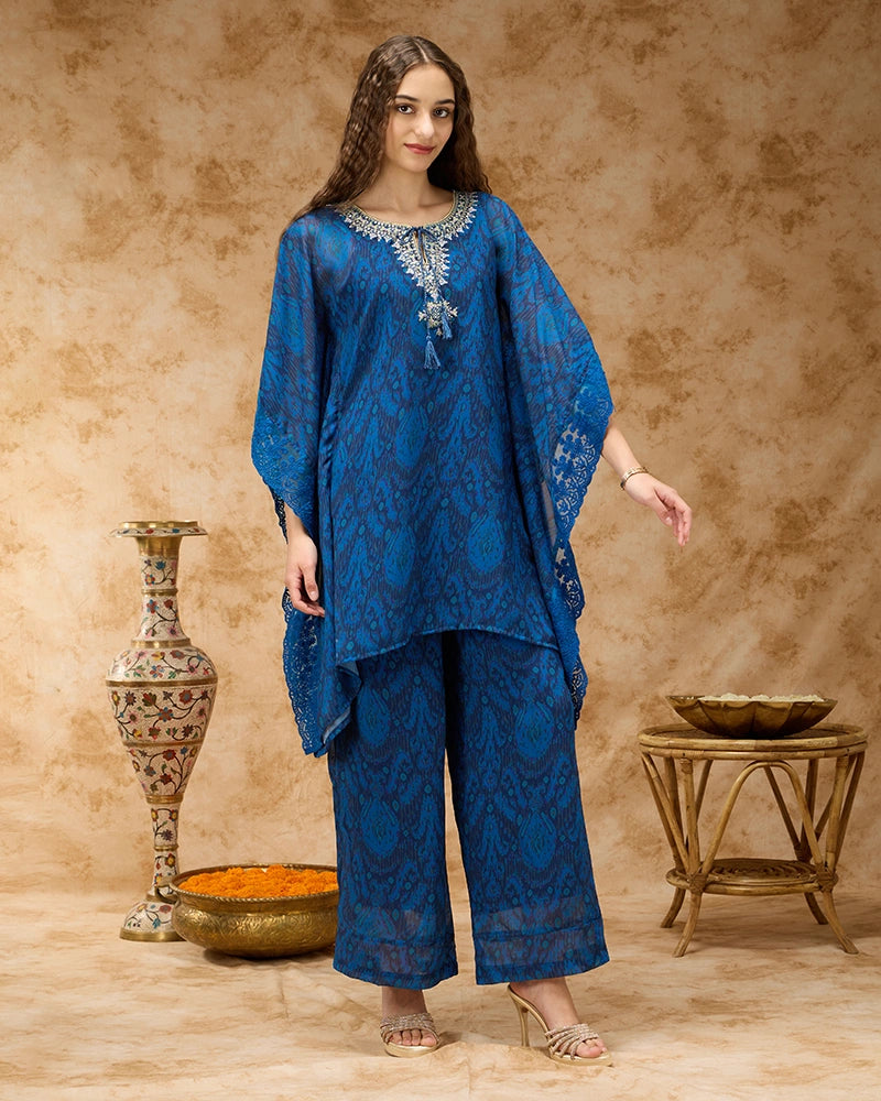 All Over Printed Tie Up Neck Kaftan Co-Ord Set - Navy