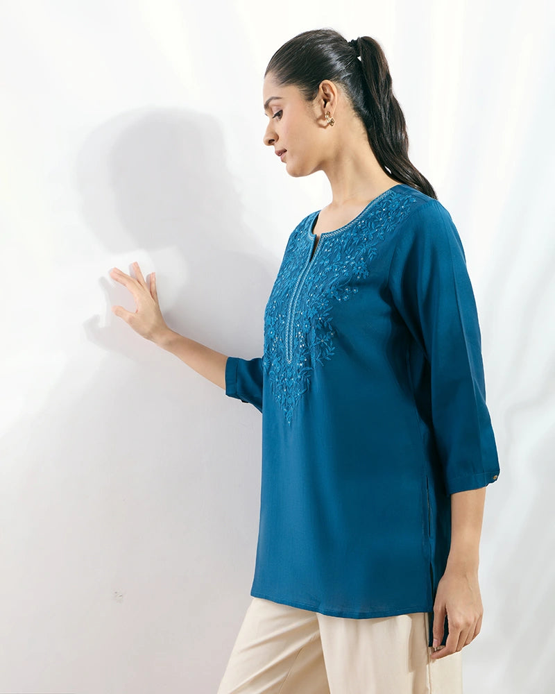 Blue Yoke Embroidered Hi-Low Top for Women