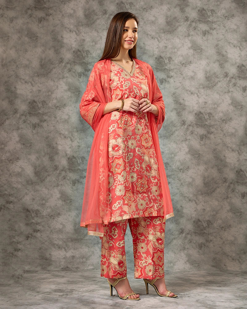 A-line All Over Floral Printed Kurta Set with Pant & Dupatta - Orange