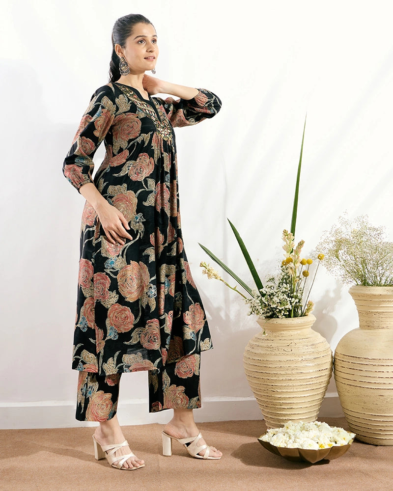 Black Printed V-Neck Kurta Set with Embroidered Neckline for Women