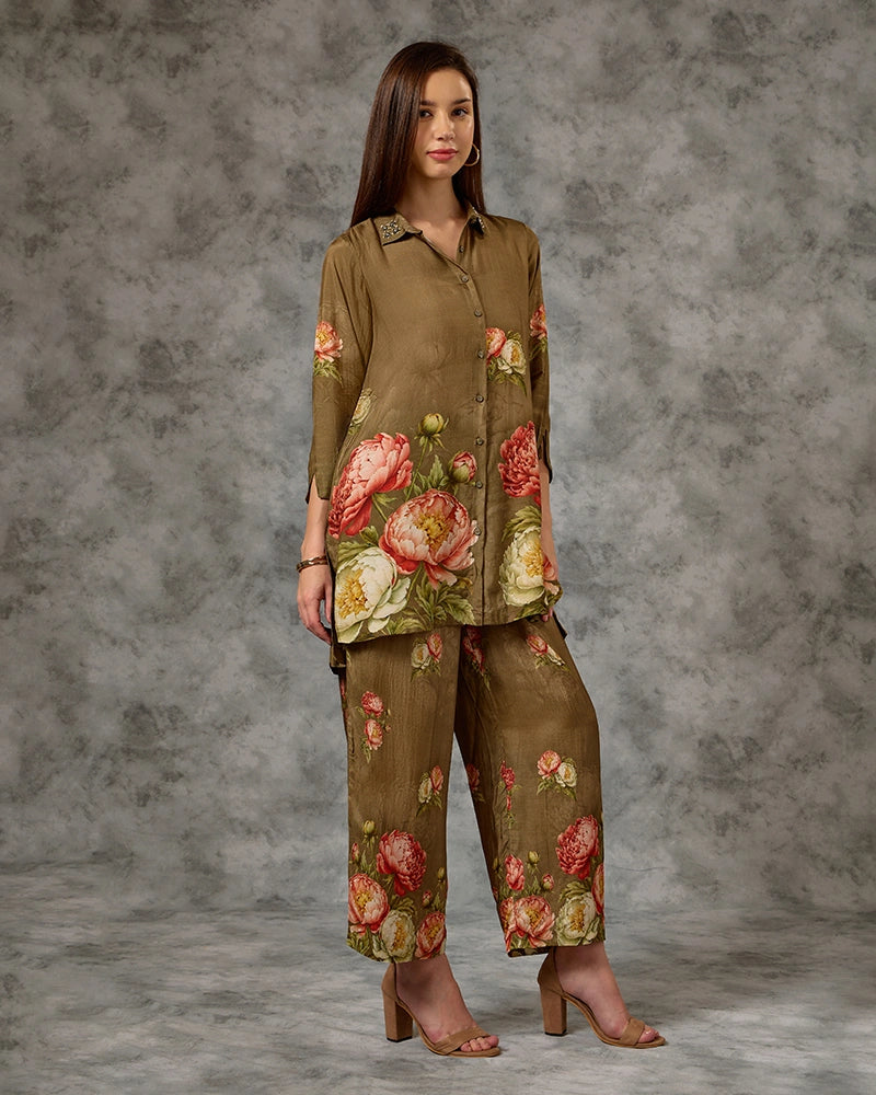 Floral Printed Modal Embroidered Collar Neck Top with Pant Co-Ord Set - Green