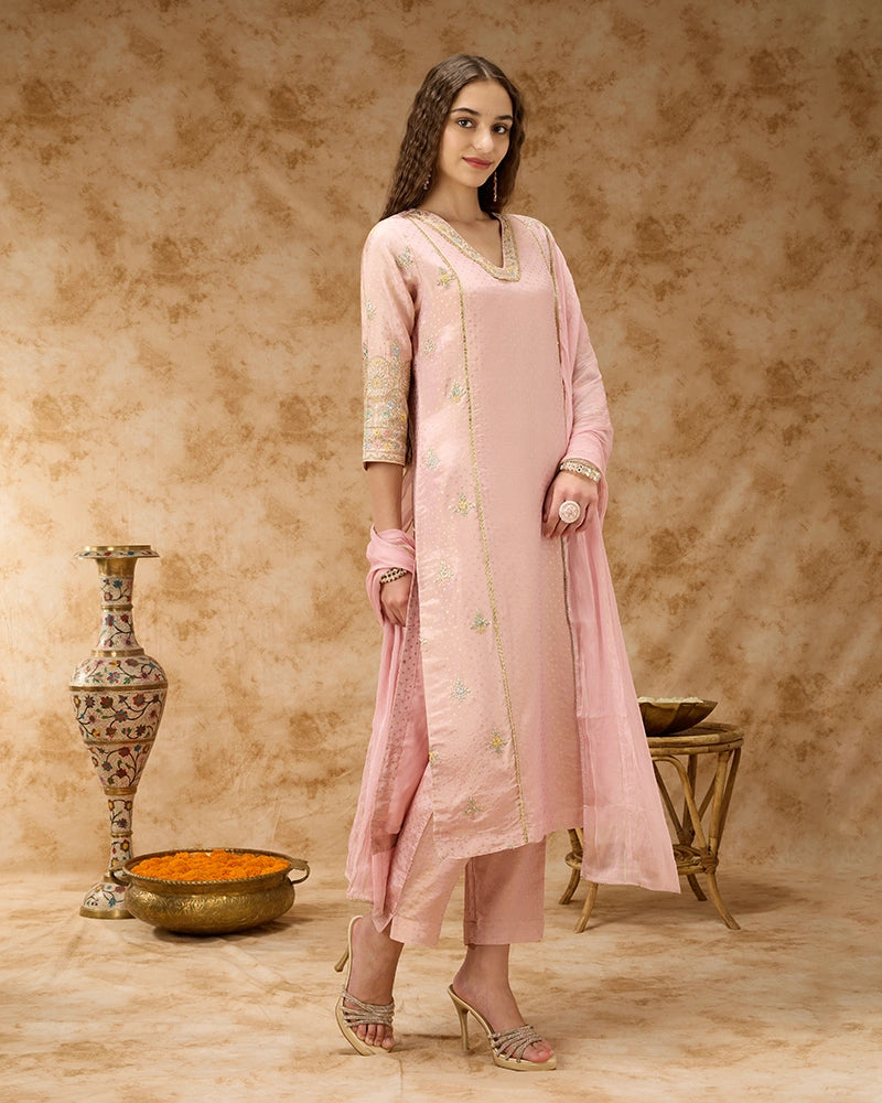 A-line Embroidered Kurta Set with Pant and Dupatta- Blush Pink