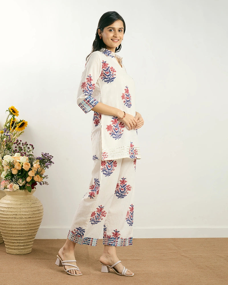 Off-White Butta Printed V-Neck Co-ord Set for Women