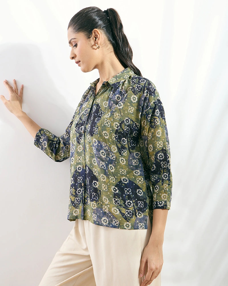 Green Modal Printed Boxy Fit Shirt for Women