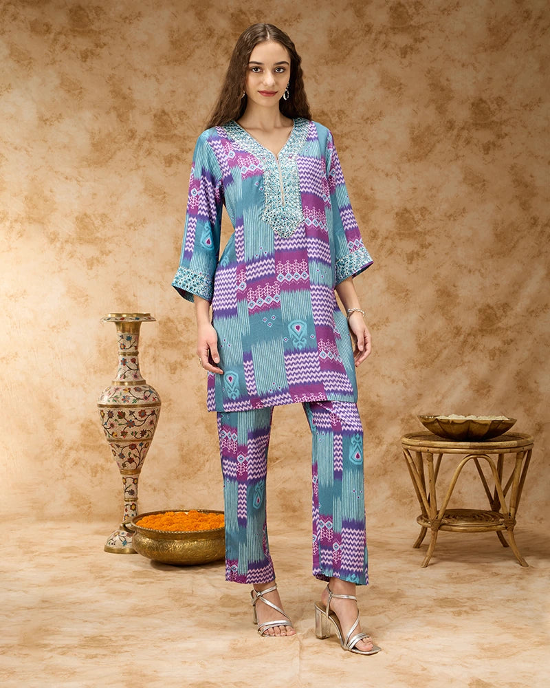 Ikkat Printed Co-ord Set with Mirror Embroidered Yoke