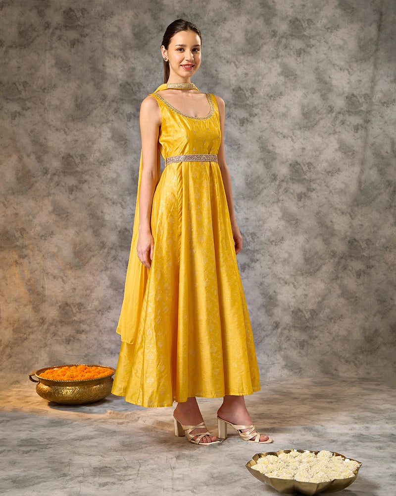 Foil Printed Long Anarkali Kurta with Embroidered Dupatta - Yellow