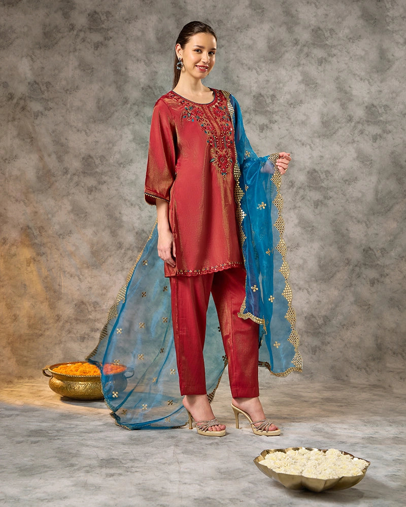 Round Neck Kurta Set - Fushcia